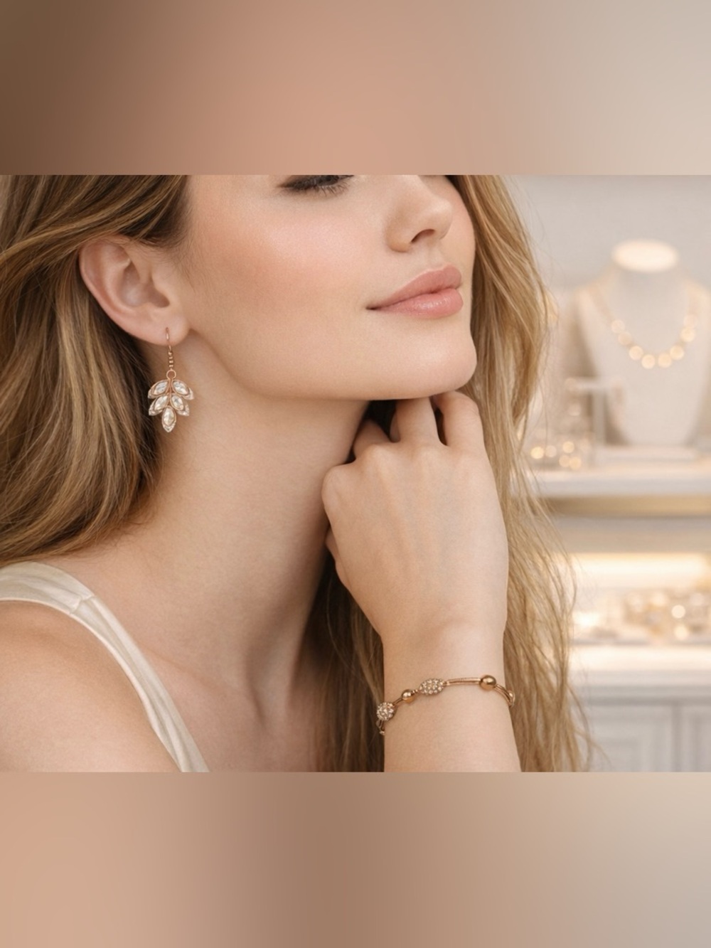 ✨Rose Gold Crystal Leaf Earrings & Bracelet Set 🌿